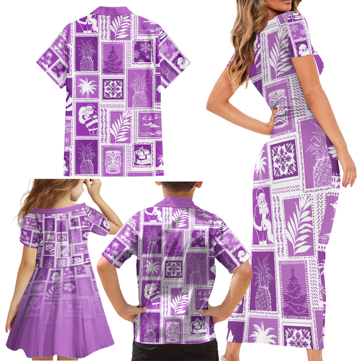 Hawaii Christmas Retro Patchwork Family Matching Short Sleeve Bodycon Dress and Hawaiian Shirt Violet - Wonder Print Shop