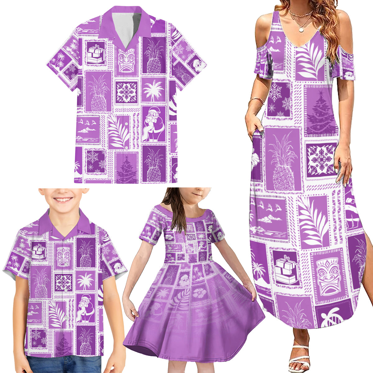 Hawaii Christmas Retro Patchwork Family Matching Summer Maxi Dress and Hawaiian Shirt Violet - Wonder Print Shop