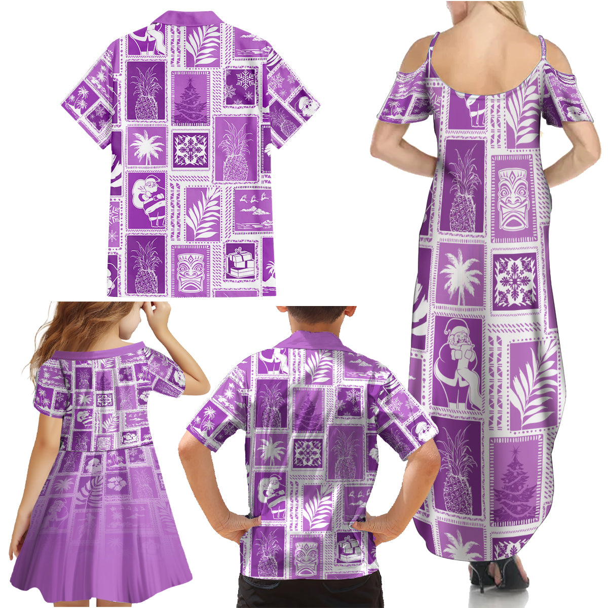 Hawaii Christmas Retro Patchwork Family Matching Summer Maxi Dress and Hawaiian Shirt Violet - Wonder Print Shop