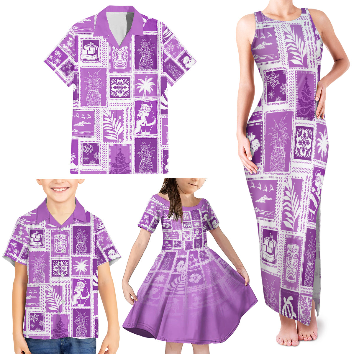 Hawaii Christmas Retro Patchwork Family Matching Tank Maxi Dress and Hawaiian Shirt Violet - Wonder Print Shop