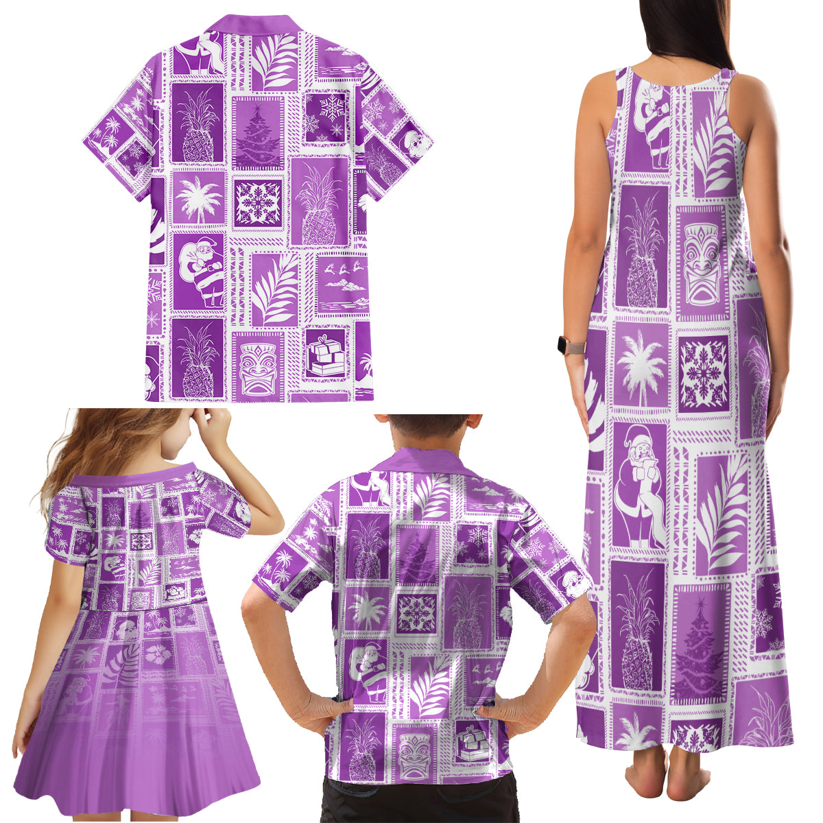 Hawaii Christmas Retro Patchwork Family Matching Tank Maxi Dress and Hawaiian Shirt Violet - Wonder Print Shop