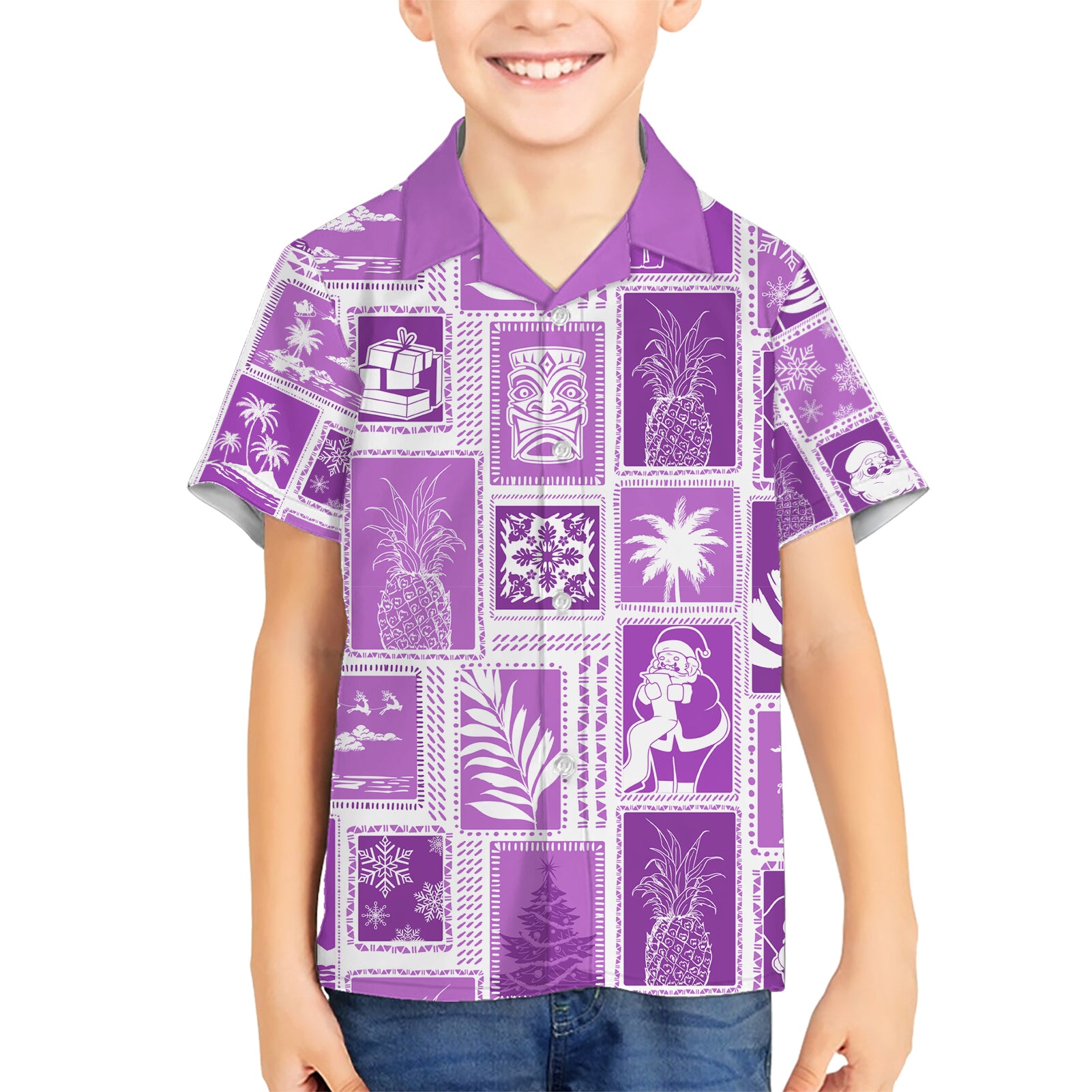 Hawaii Christmas Retro Patchwork Kid Hawaiian Shirt Violet - Wonder Print Shop