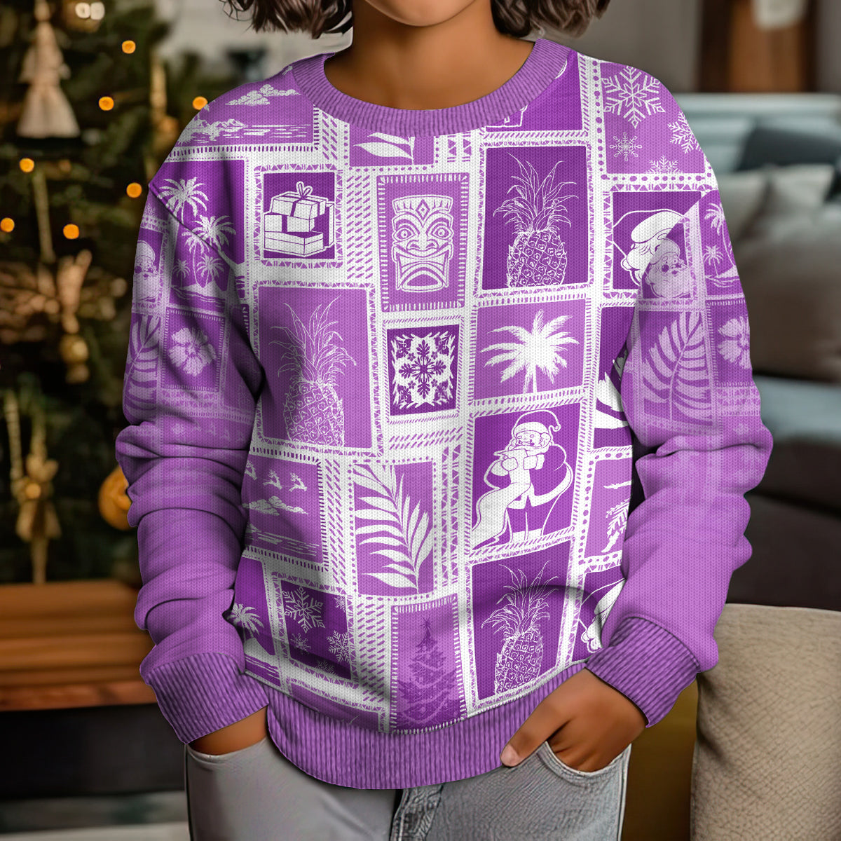 Hawaii Christmas Kid Ugly Christmas Sweater Retro Patchwork - Violet - Wonder Print Shop