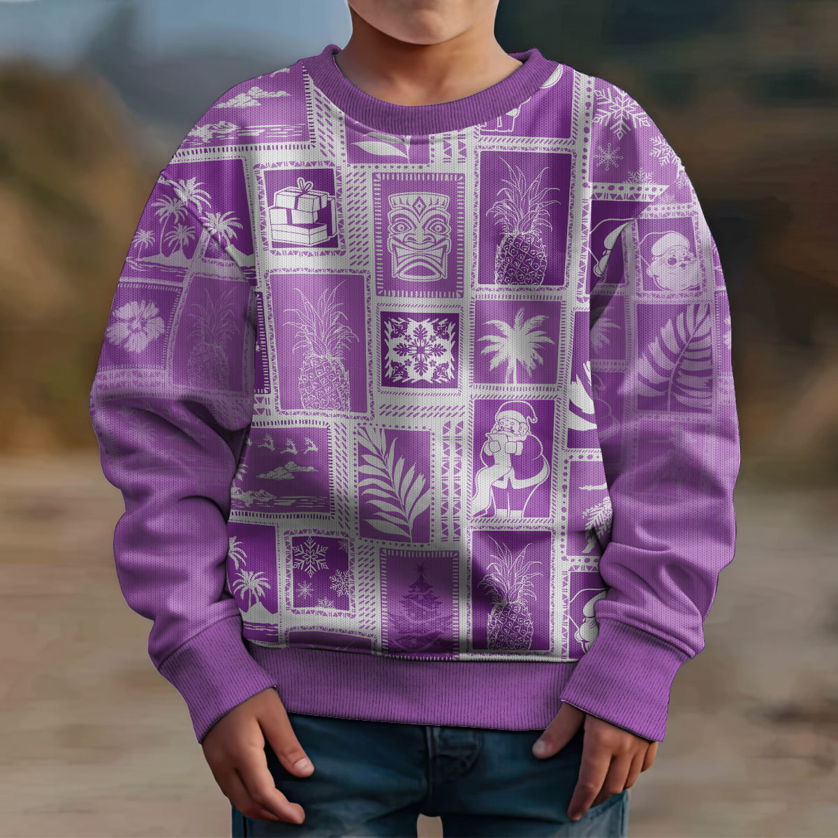 Hawaii Christmas Kid Ugly Christmas Sweater Retro Patchwork - Violet - Wonder Print Shop