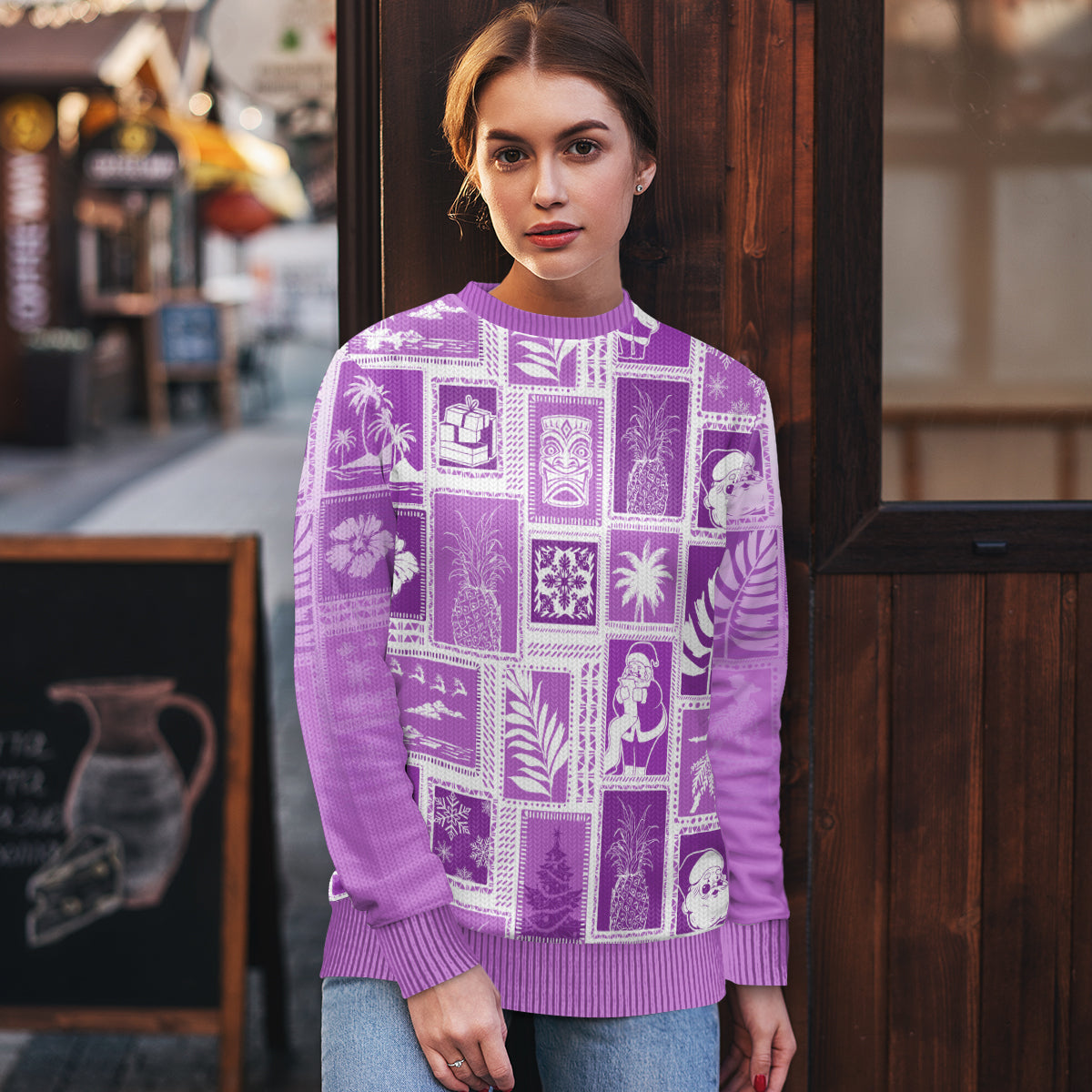 Hawaii Christmas Ugly Christmas Sweater Retro Patchwork - Violet - Wonder Print Shop