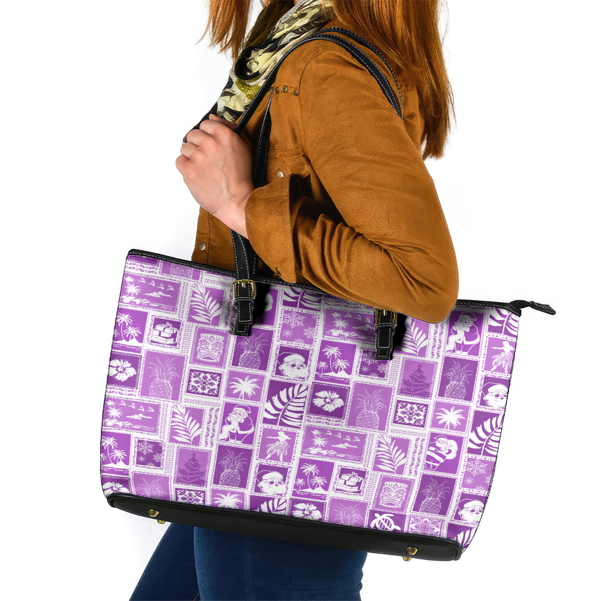 Hawaii Christmas Retro Patchwork Leather Tote Bag Violet - Wonder Print Shop