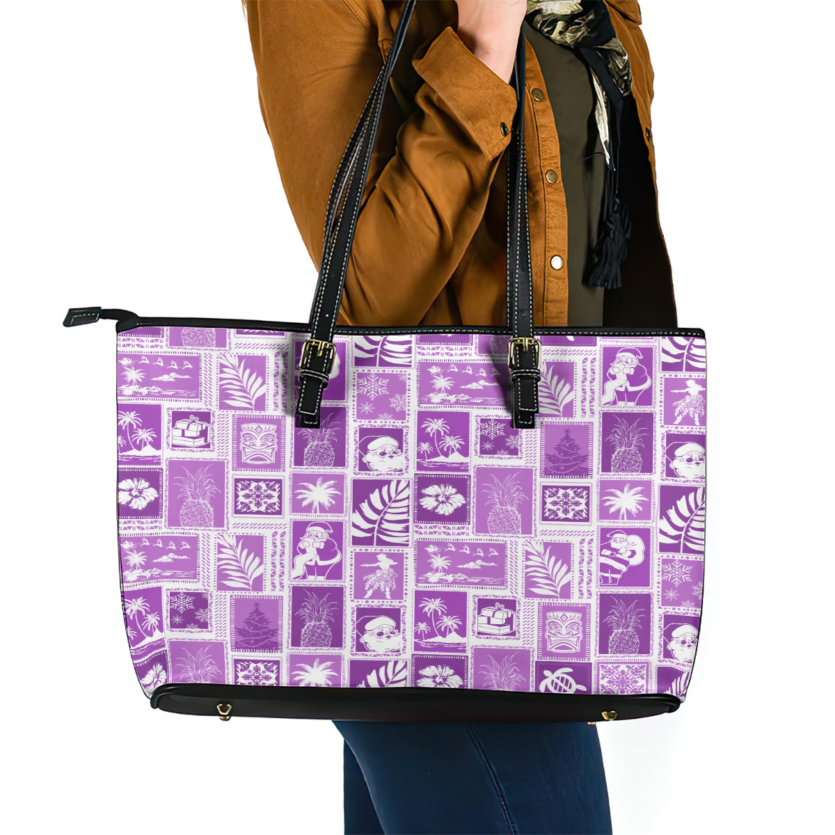 Hawaii Christmas Retro Patchwork Leather Tote Bag Violet - Wonder Print Shop