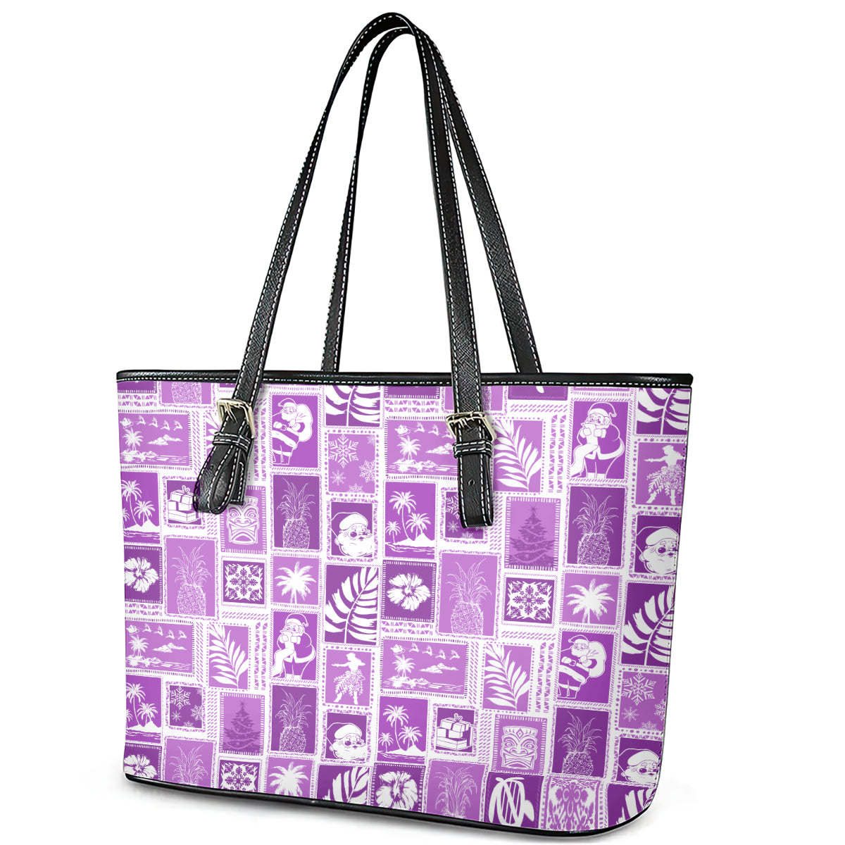 Hawaii Christmas Retro Patchwork Leather Tote Bag Violet - Wonder Print Shop