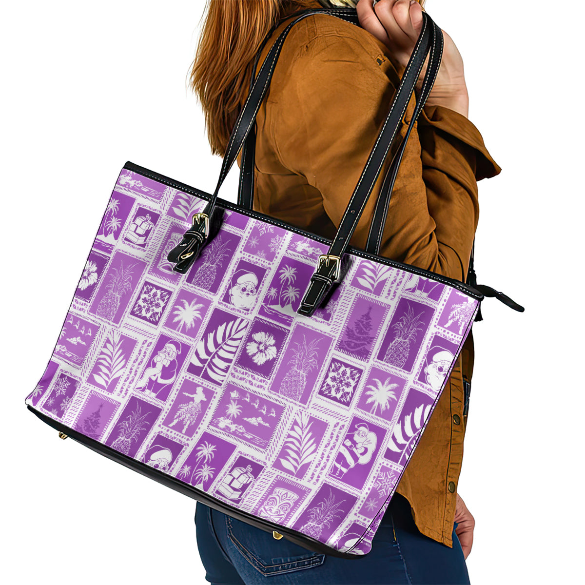 Hawaii Christmas Retro Patchwork Leather Tote Bag Violet - Wonder Print Shop