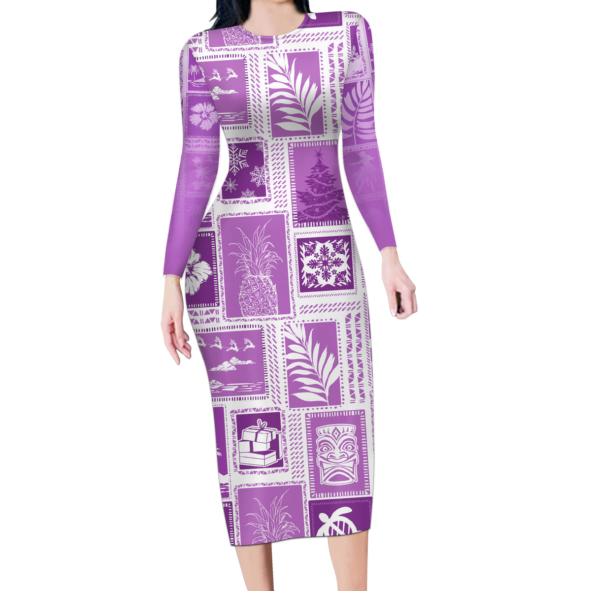 Hawaii Christmas Retro Patchwork Long Sleeve Bodycon Dress Violet - Wonder Print Shop