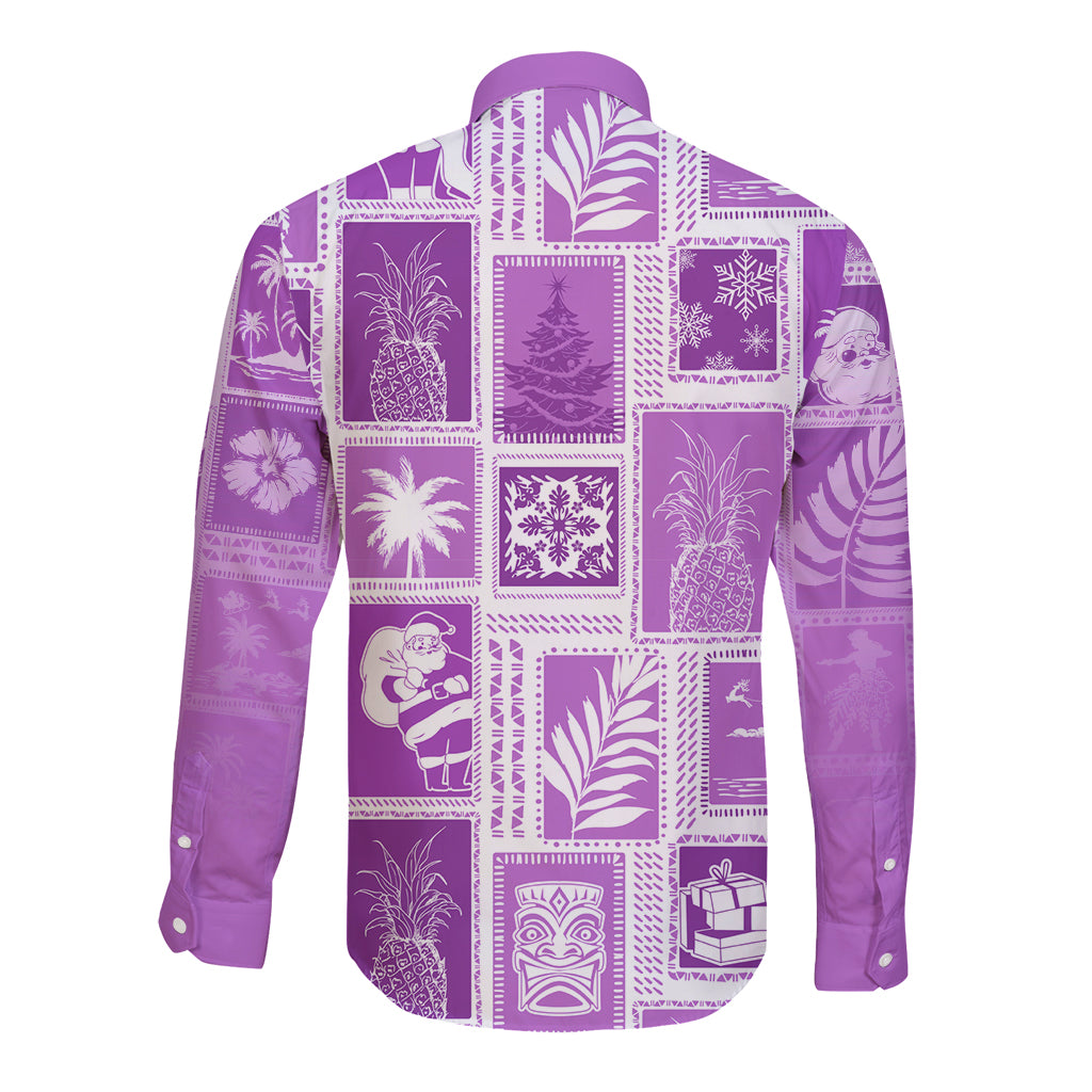 Hawaii Christmas Retro Patchwork Long Sleeve Button Shirt Violet - Wonder Print Shop