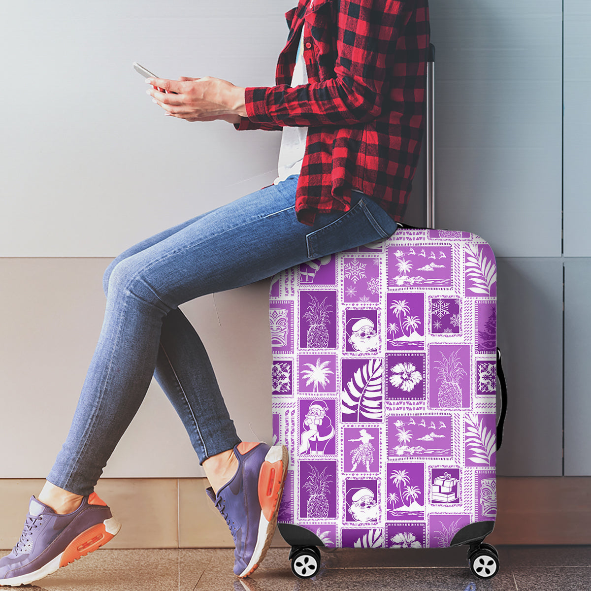 Hawaii Christmas Retro Patchwork Luggage Cover Violet - Wonder Print Shop