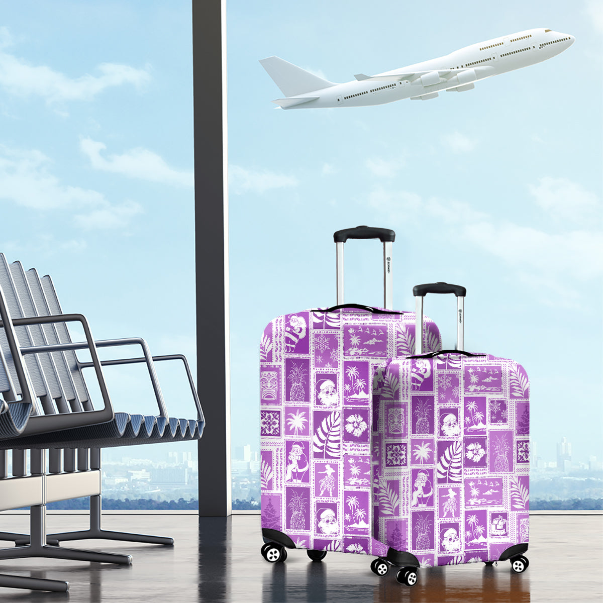 Hawaii Christmas Retro Patchwork Luggage Cover Violet - Wonder Print Shop
