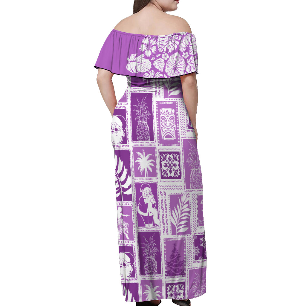 Hawaii Christmas Retro Patchwork Off Shoulder Maxi Dress Violet - Wonder Print Shop