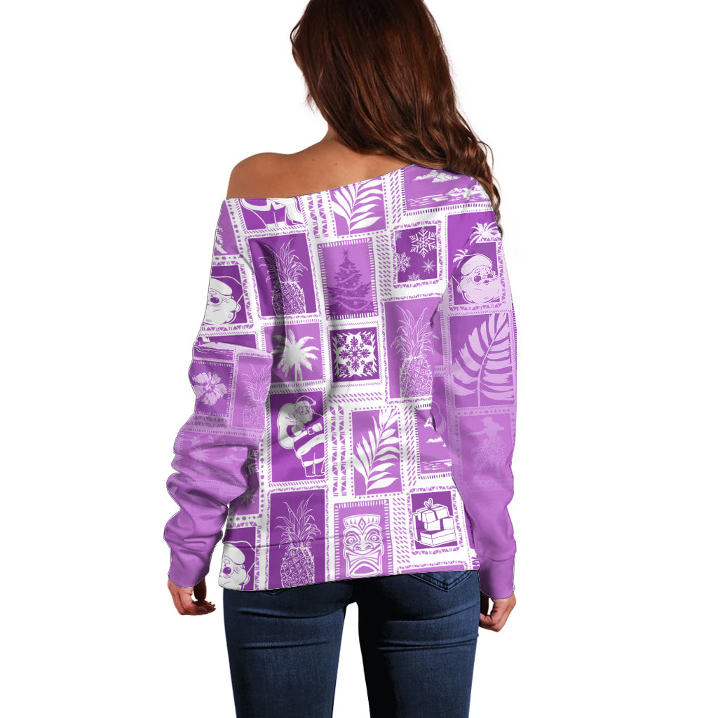 Hawaii Christmas Retro Patchwork Off Shoulder Sweater Violet - Wonder Print Shop