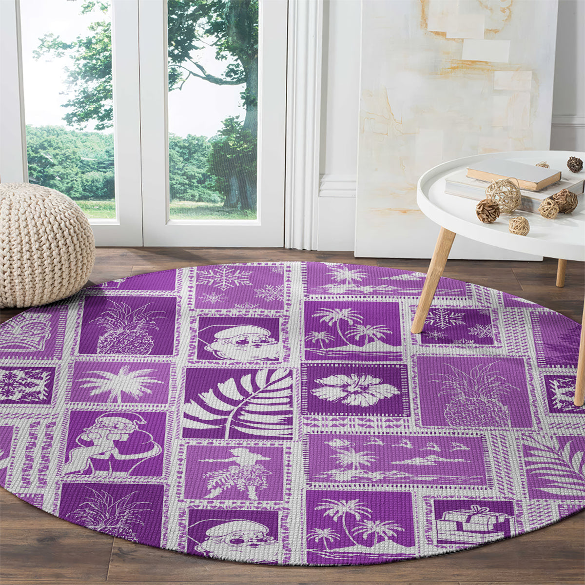 hawaii-christmas-retro-patchwork-round-carpet-violet