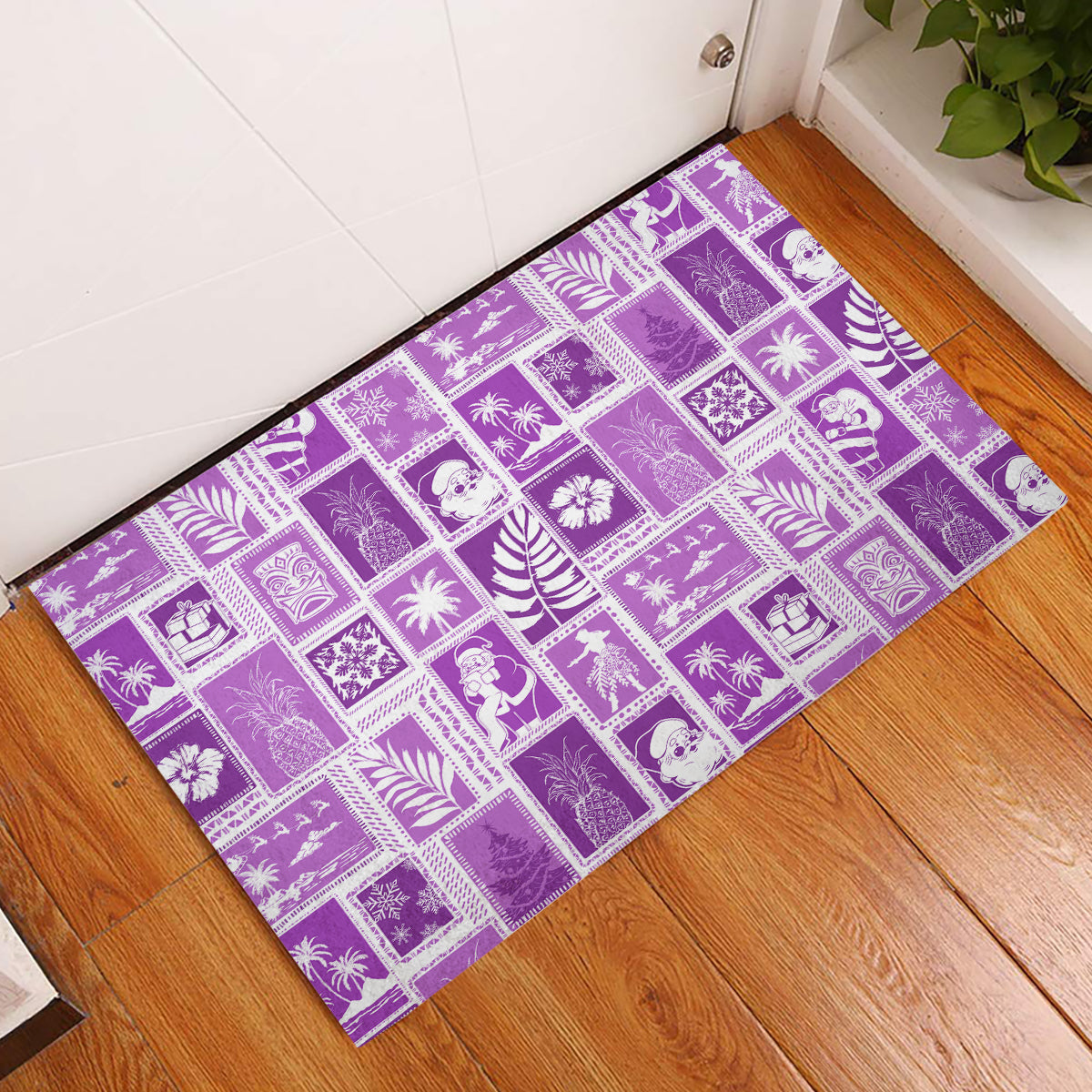 Hawaii Christmas Retro Patchwork Rubber Doormat Violet - Wonder Print Shop