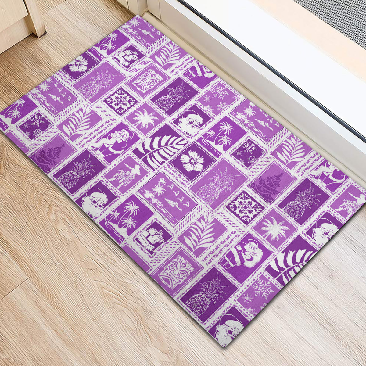 Hawaii Christmas Retro Patchwork Rubber Doormat Violet - Wonder Print Shop