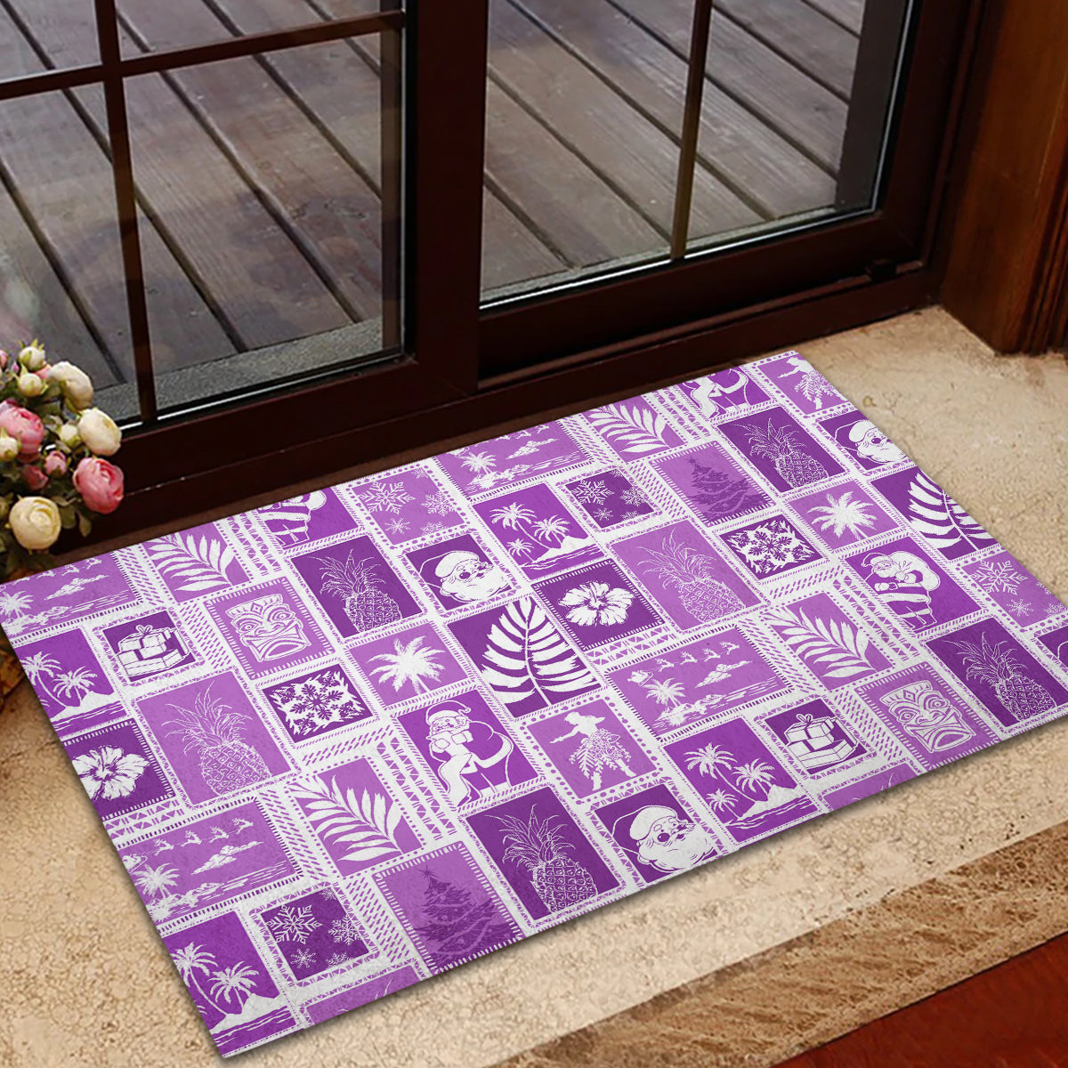 Hawaii Christmas Retro Patchwork Rubber Doormat Violet - Wonder Print Shop