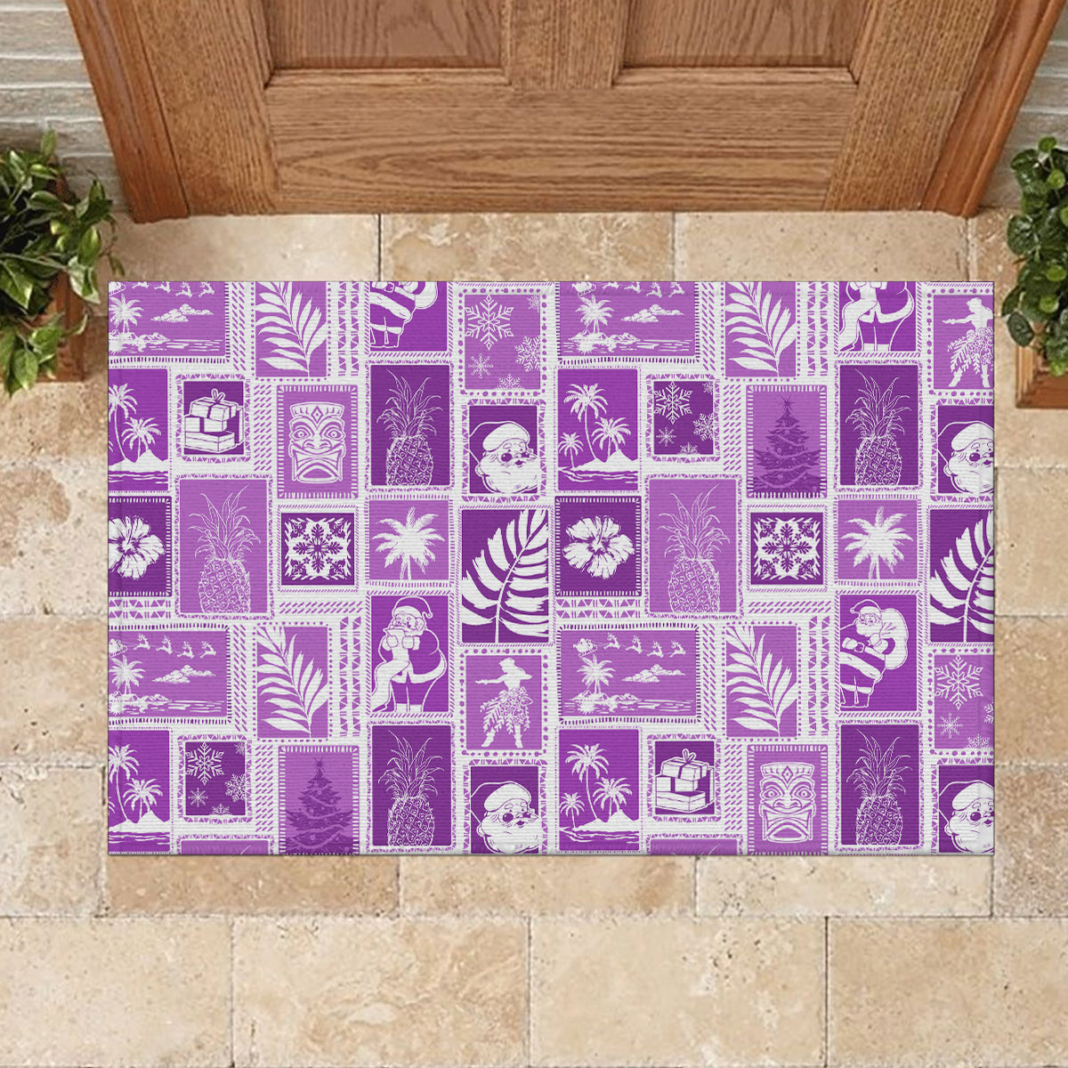Hawaii Christmas Retro Patchwork Rubber Doormat Violet - Wonder Print Shop