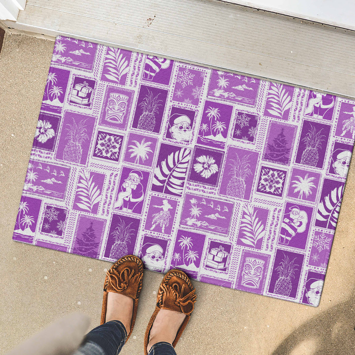 Hawaii Christmas Retro Patchwork Rubber Doormat Violet - Wonder Print Shop