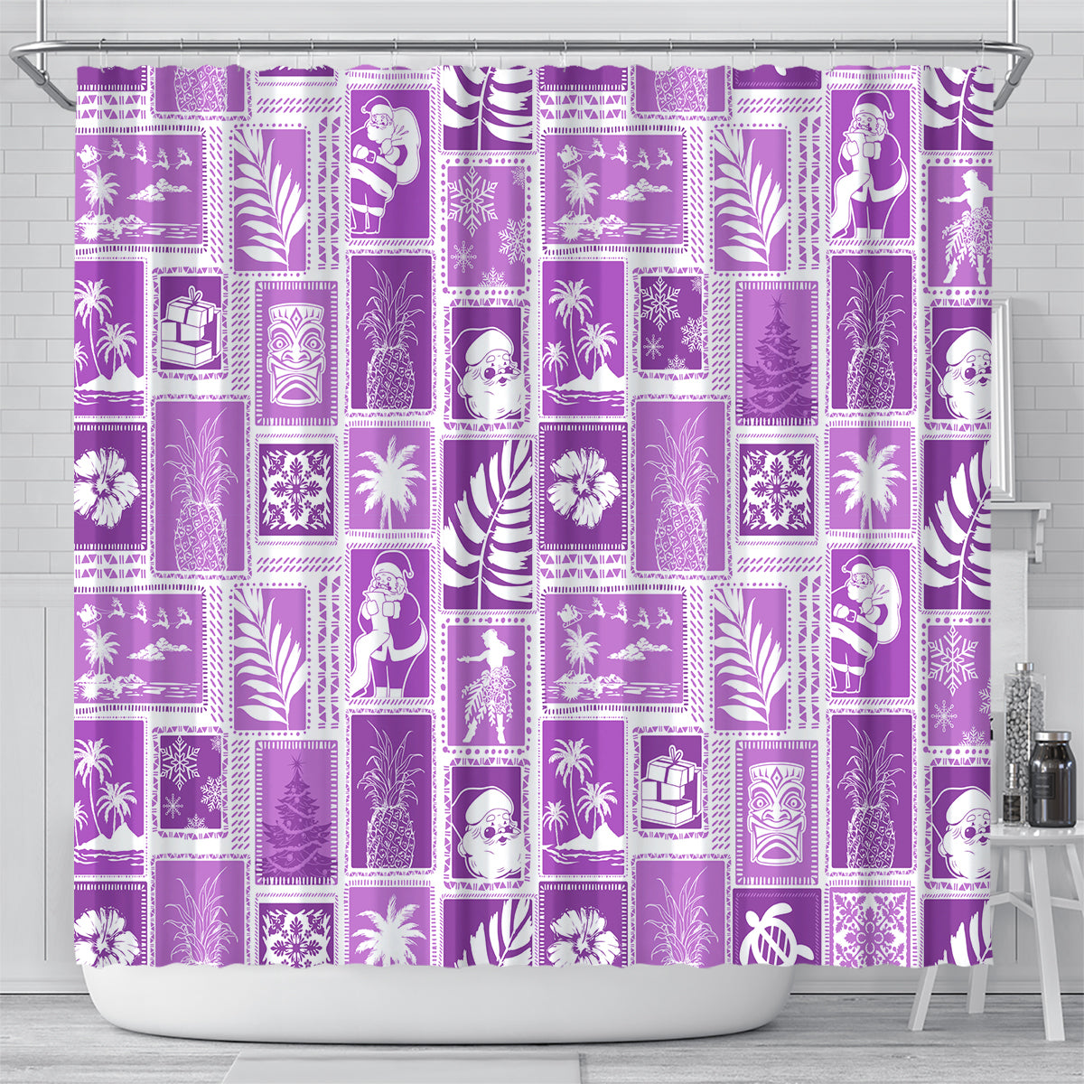 hawaii-christmas-retro-patchwork-shower-curtain-violet