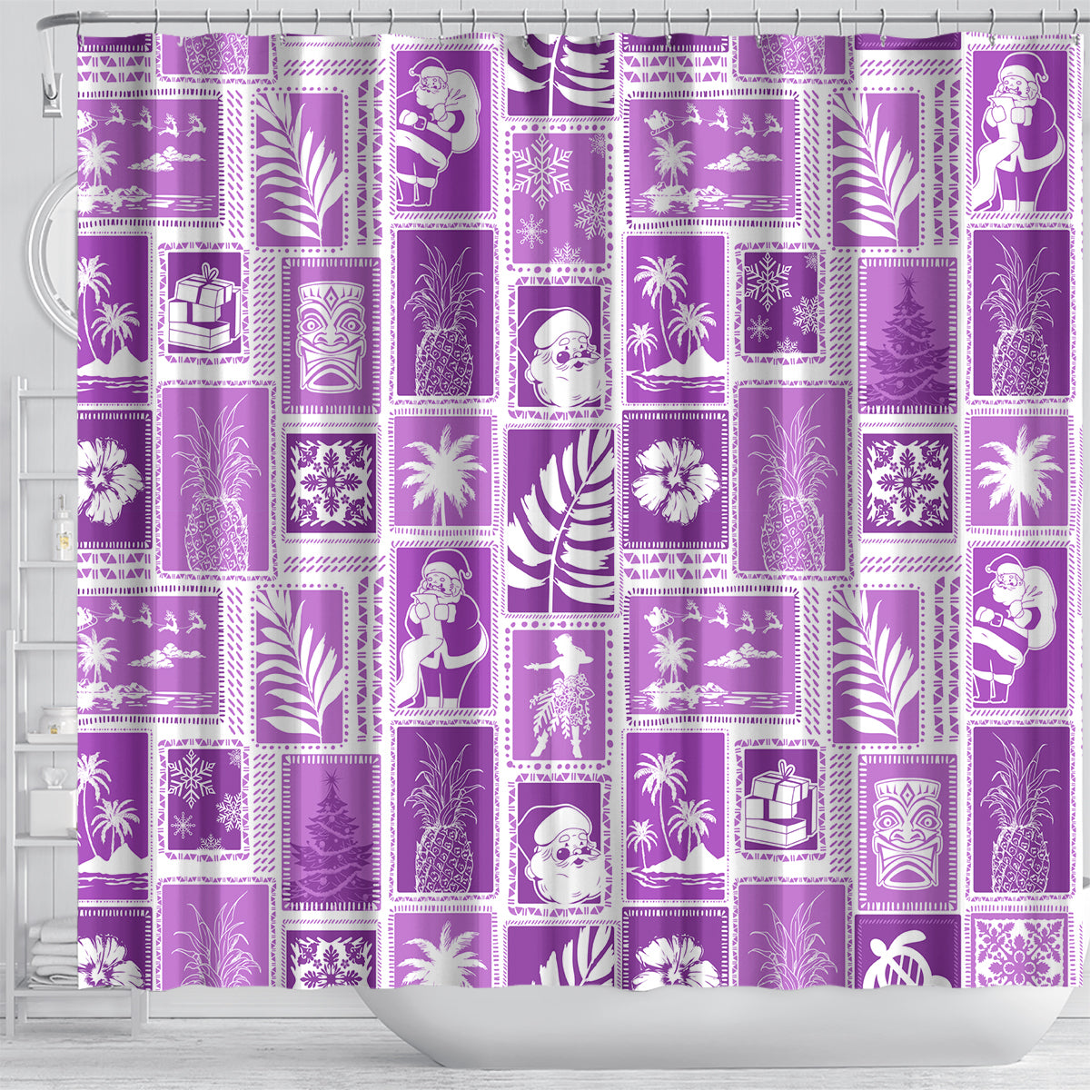 hawaii-christmas-retro-patchwork-shower-curtain-violet