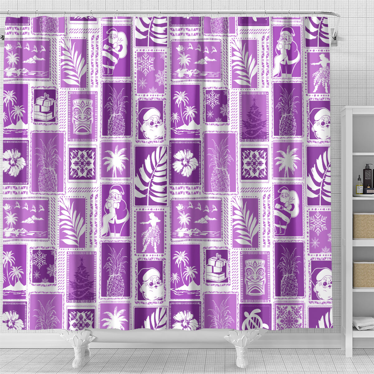 hawaii-christmas-retro-patchwork-shower-curtain-violet