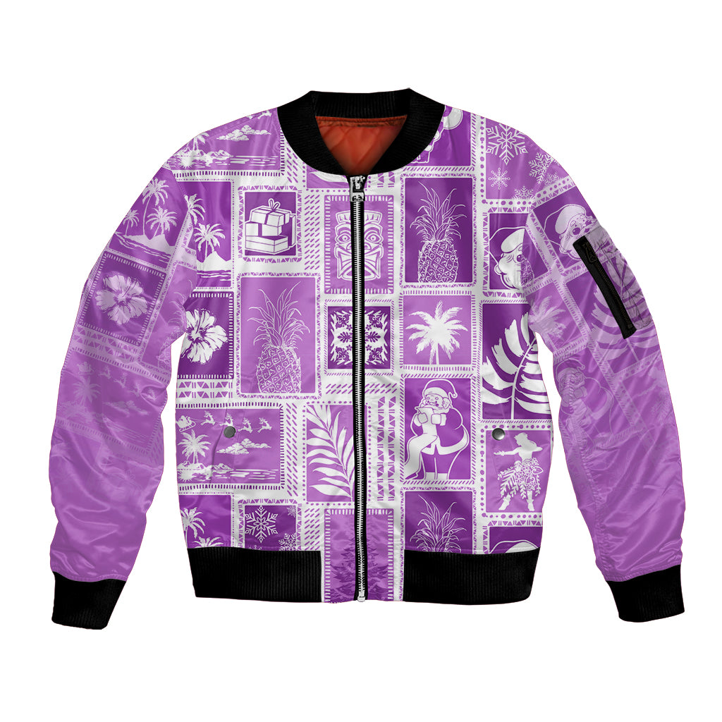 Hawaii Christmas Retro Patchwork Sleeve Zip Bomber Jacket Violet - Wonder Print Shop
