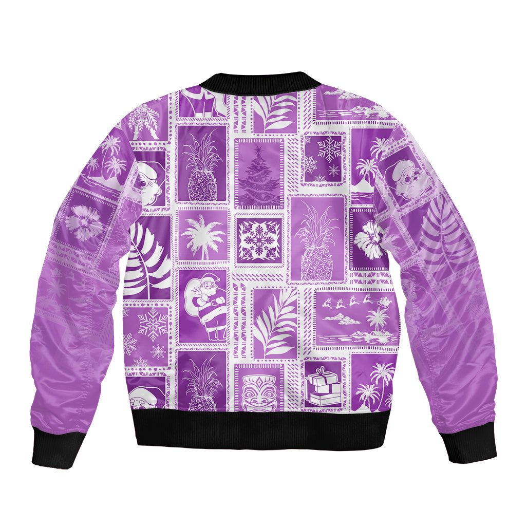 Hawaii Christmas Retro Patchwork Sleeve Zip Bomber Jacket Violet - Wonder Print Shop