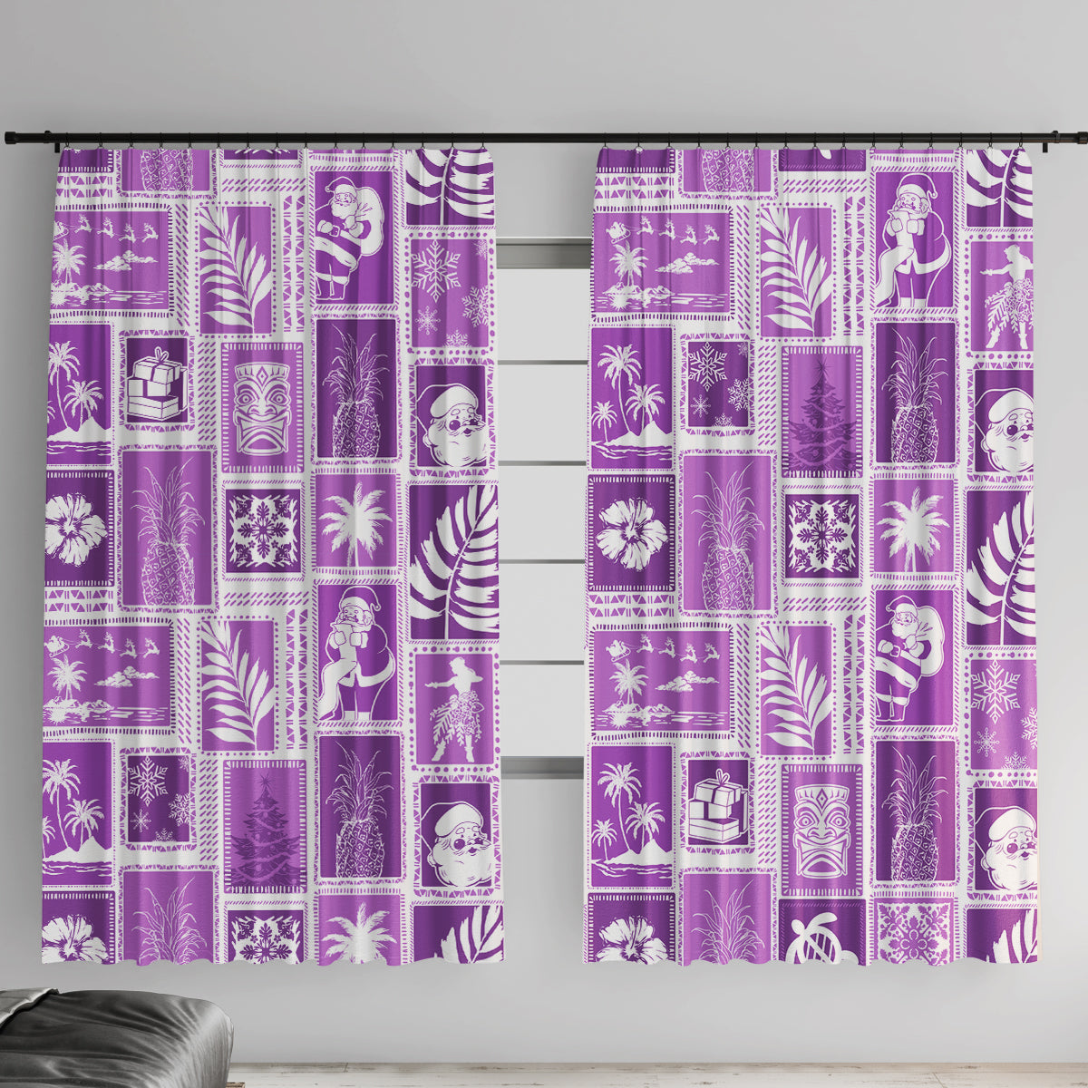 Hawaii Christmas Retro Patchwork Window Curtain Violet - Wonder Print Shop