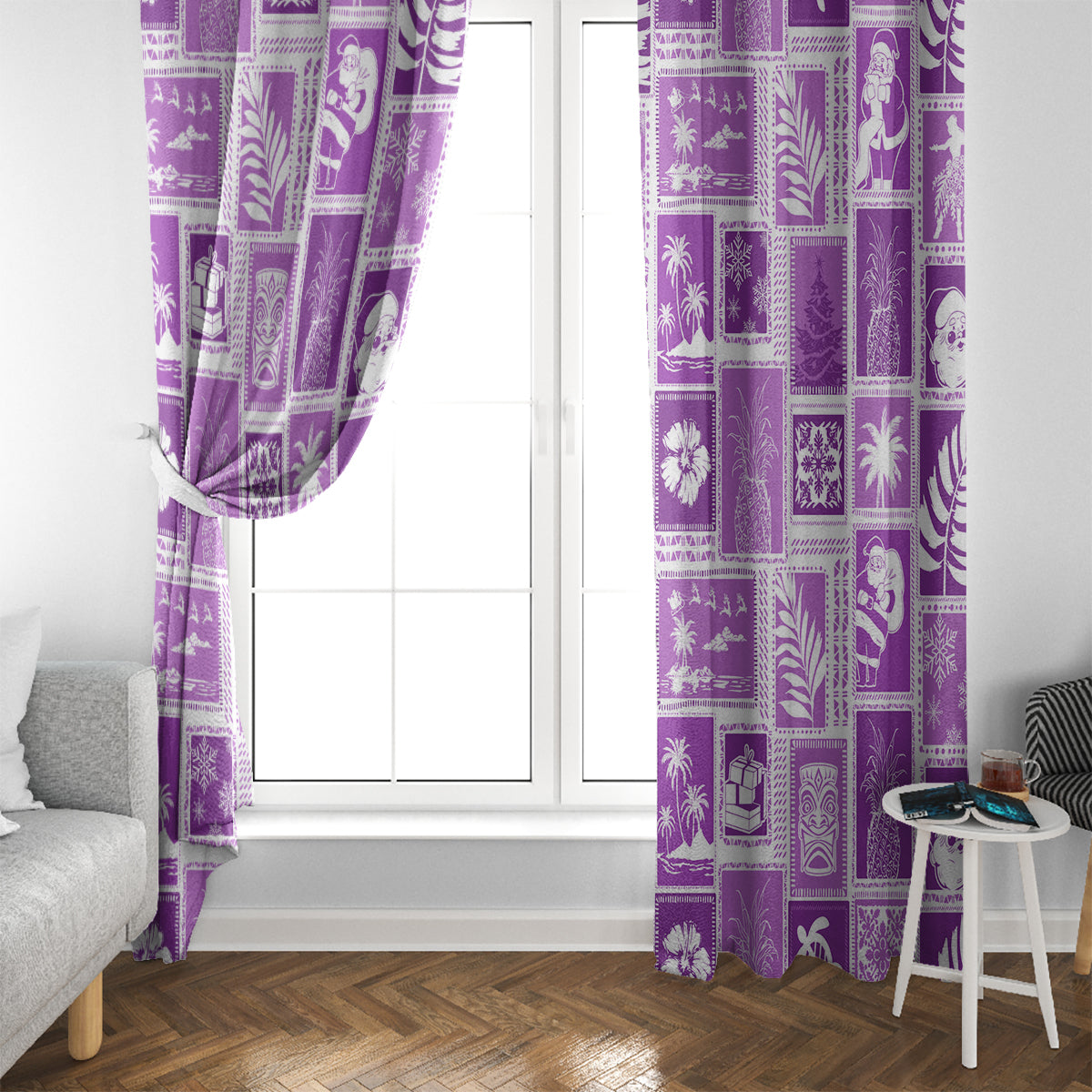 Hawaii Christmas Retro Patchwork Window Curtain Violet - Wonder Print Shop
