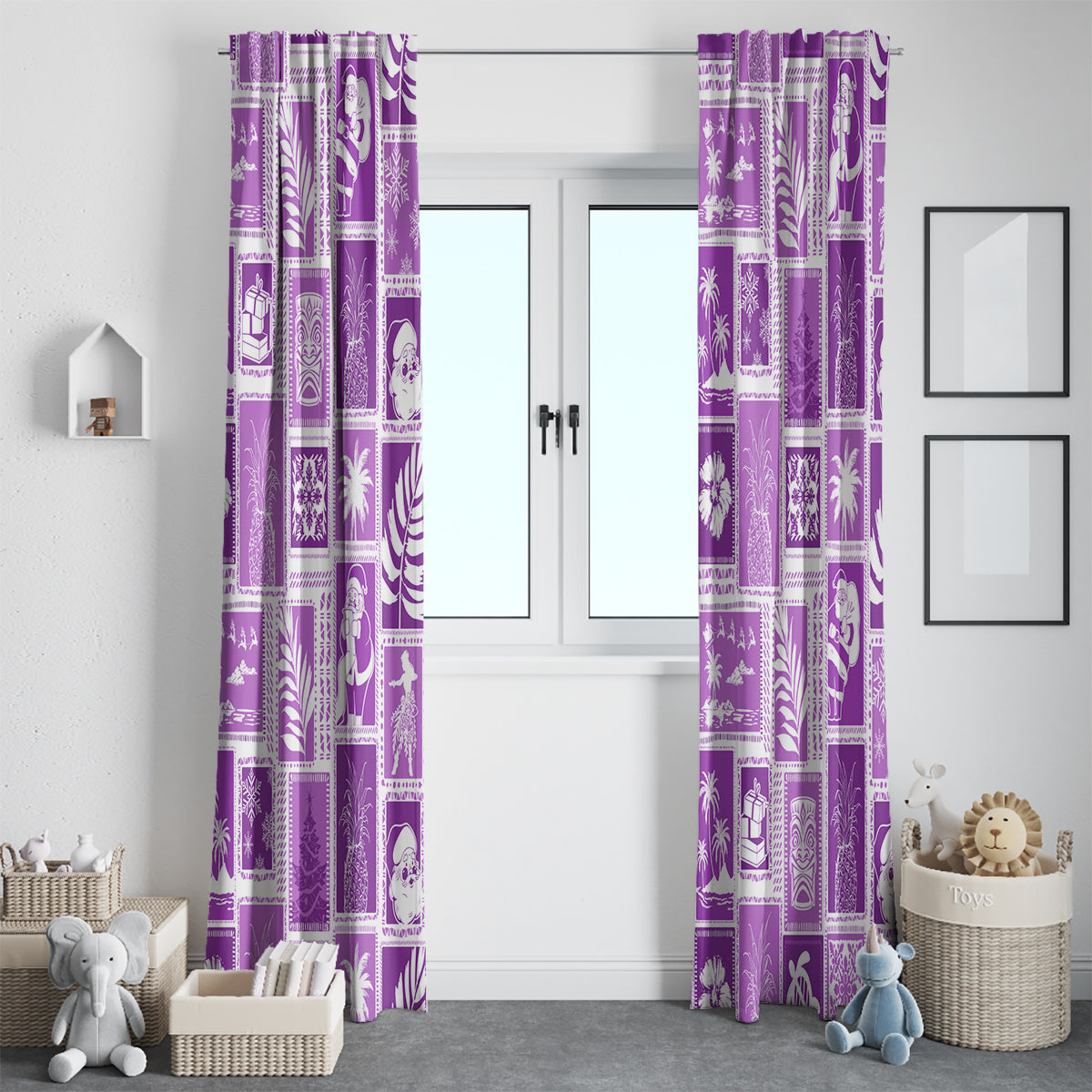 Hawaii Christmas Retro Patchwork Window Curtain Violet - Wonder Print Shop