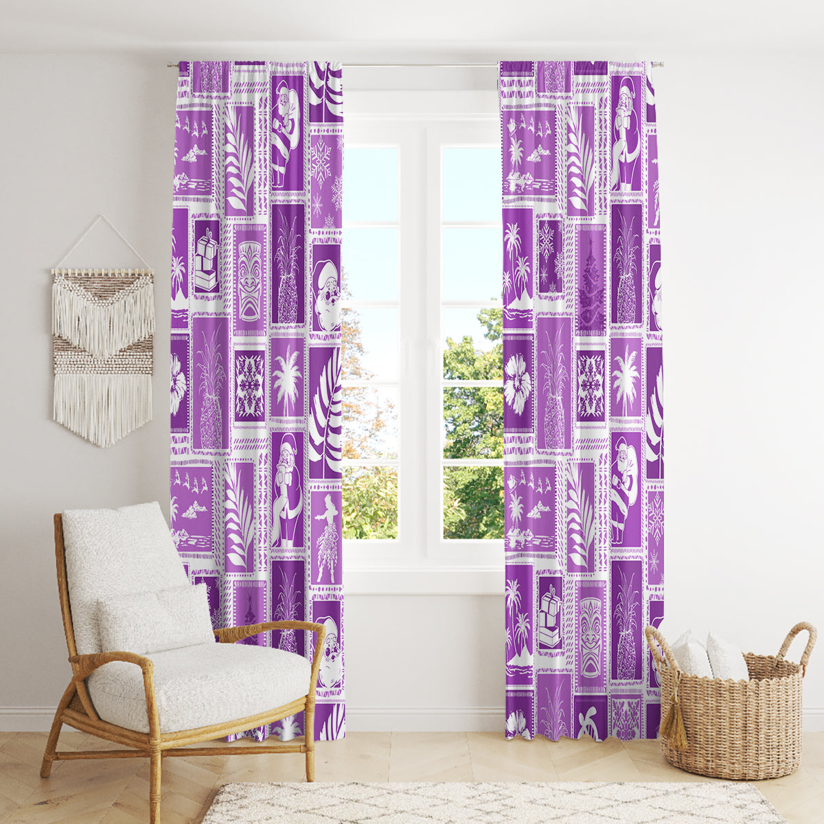 Hawaii Christmas Retro Patchwork Window Curtain Violet - Wonder Print Shop