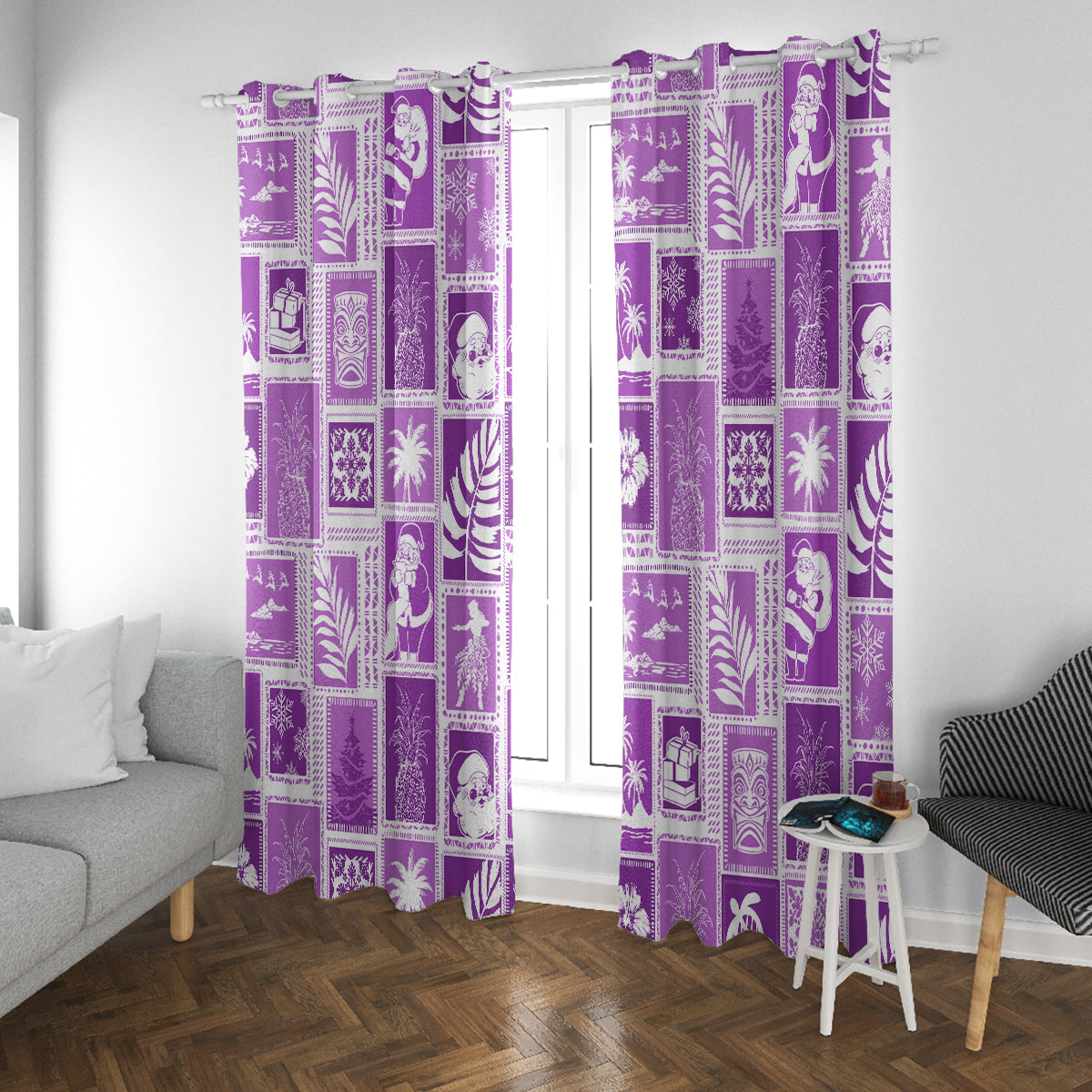 Hawaii Christmas Retro Patchwork Window Curtain Violet - Wonder Print Shop