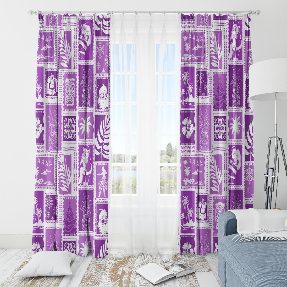 Hawaii Christmas Retro Patchwork Window Curtain Violet - Wonder Print Shop