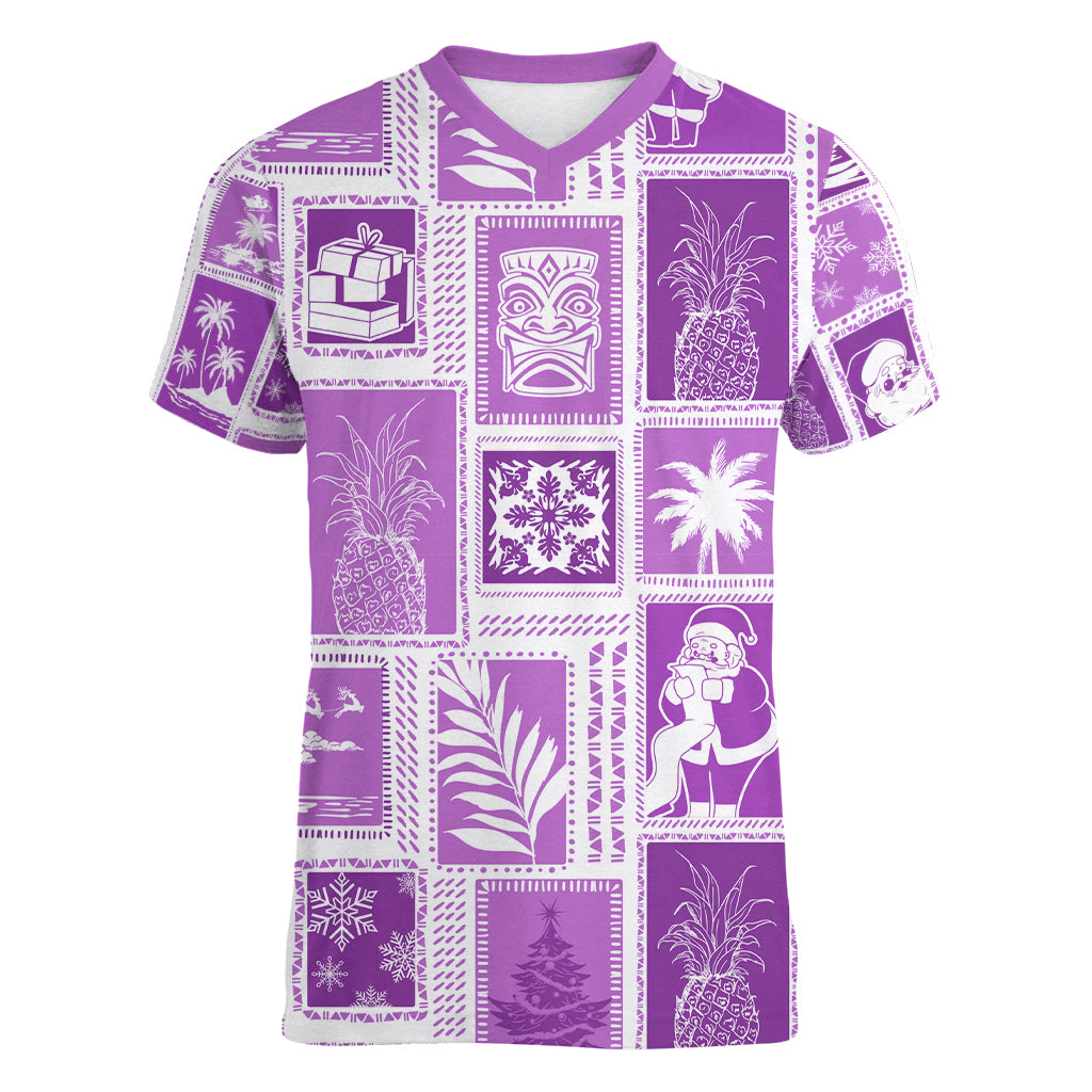 Hawaii Christmas Retro Patchwork Women V Neck T Shirt Violet - Wonder Print Shop