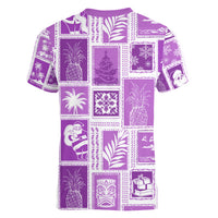 Hawaii Christmas Retro Patchwork Women V Neck T Shirt Violet - Wonder Print Shop