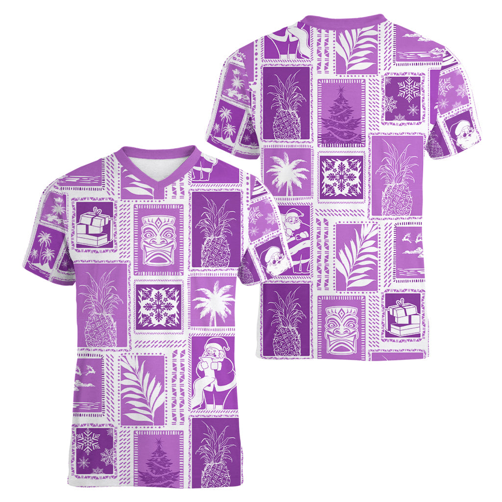 Hawaii Christmas Retro Patchwork Women V Neck T Shirt Violet - Wonder Print Shop