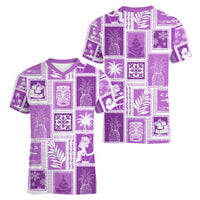 Hawaii Christmas Retro Patchwork Women V Neck T Shirt Violet - Wonder Print Shop