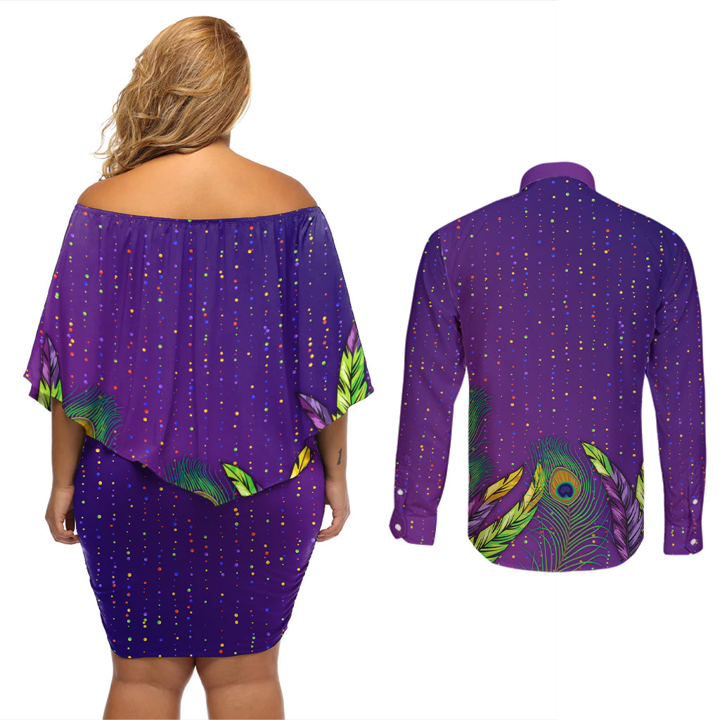 Mardi Gras Festive Confetti Couples Matching Off Shoulder Short Dress and Long Sleeve Button Shirt LT7 - Wonder Print Shop
