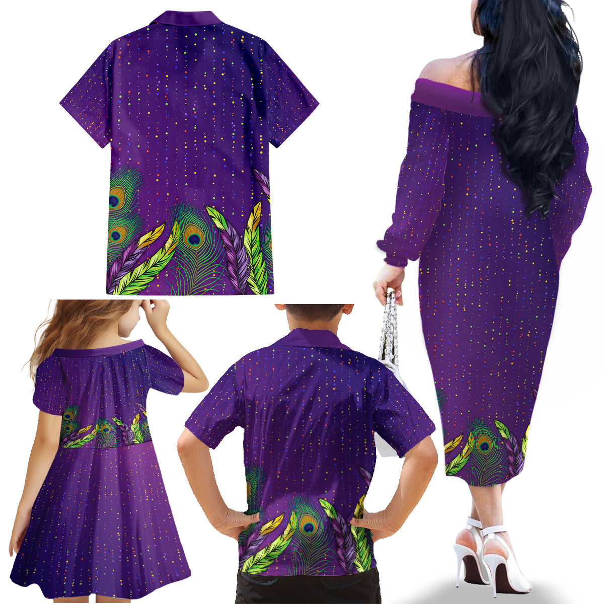 Mardi Gras Festive Confetti Family Matching Off Shoulder Long Sleeve Dress and Hawaiian Shirt - Wonder Print Shop