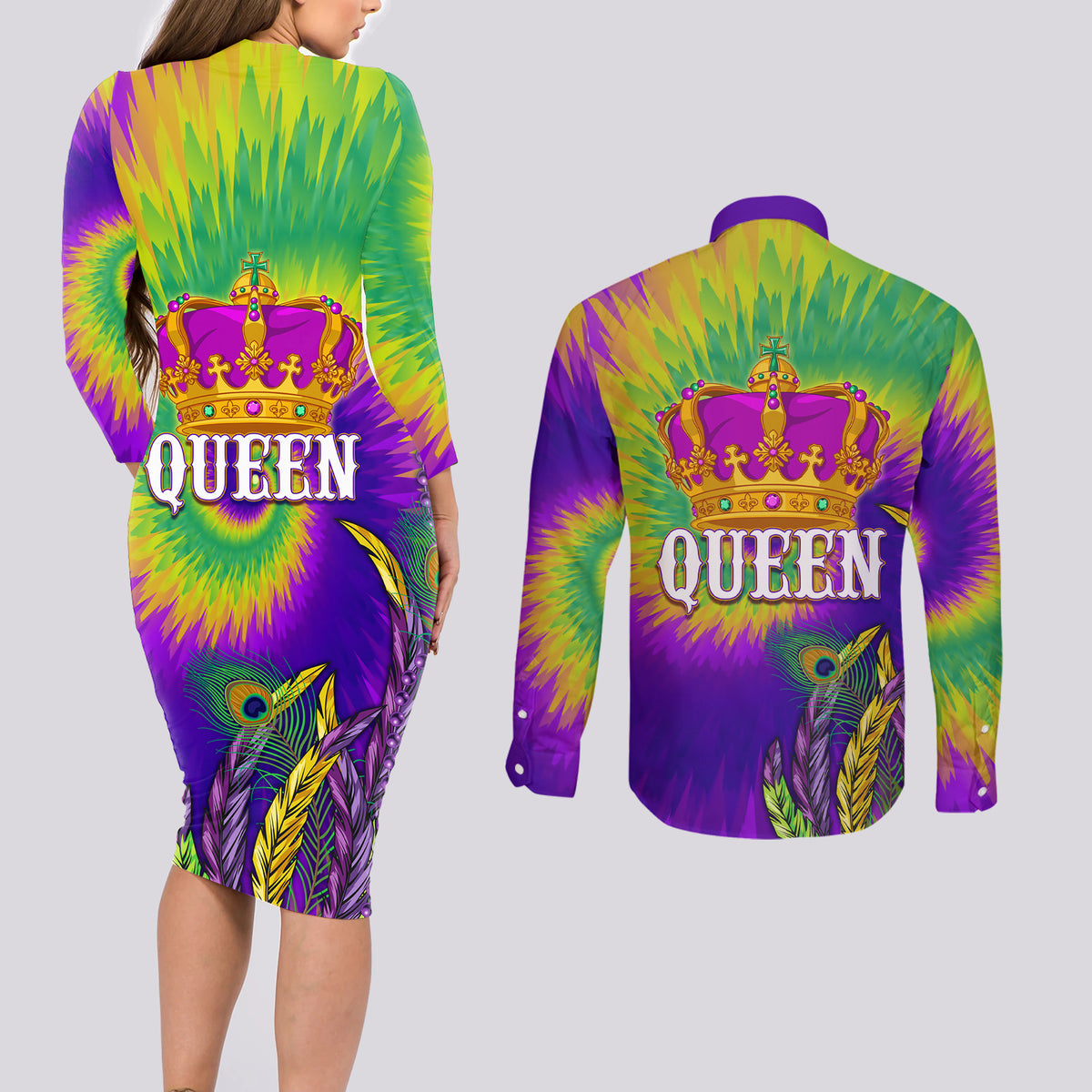 Mardi Gras Couples Matching Long Sleeve Bodycon Dress and Long Sleeve Button Shirt Tie-dye Style - Queen LT7 - Wonder Print Shop