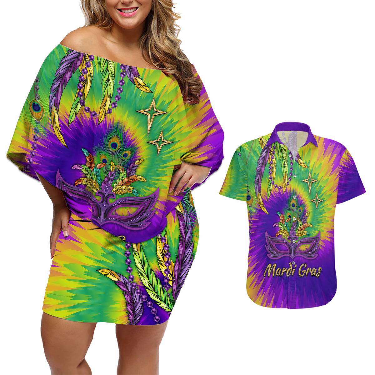 Mardi Gras Couples Matching Off Shoulder Short Dress and Hawaiian Shirt Tie-dye Style - Queen LT7 - Wonder Print Shop