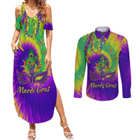 Mardi Gras Couples Matching Summer Maxi Dress and Long Sleeve Button Shirt Tie-dye Style - Queen LT7 - Wonder Print Shop