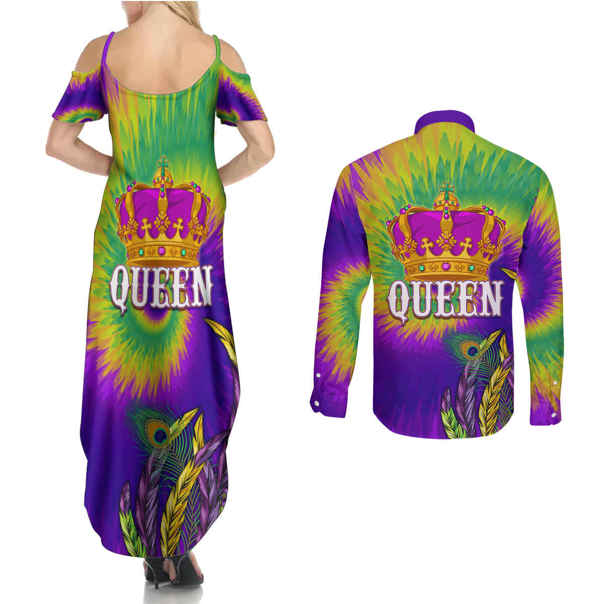 Mardi Gras Couples Matching Summer Maxi Dress and Long Sleeve Button Shirt Tie-dye Style - Queen LT7 - Wonder Print Shop