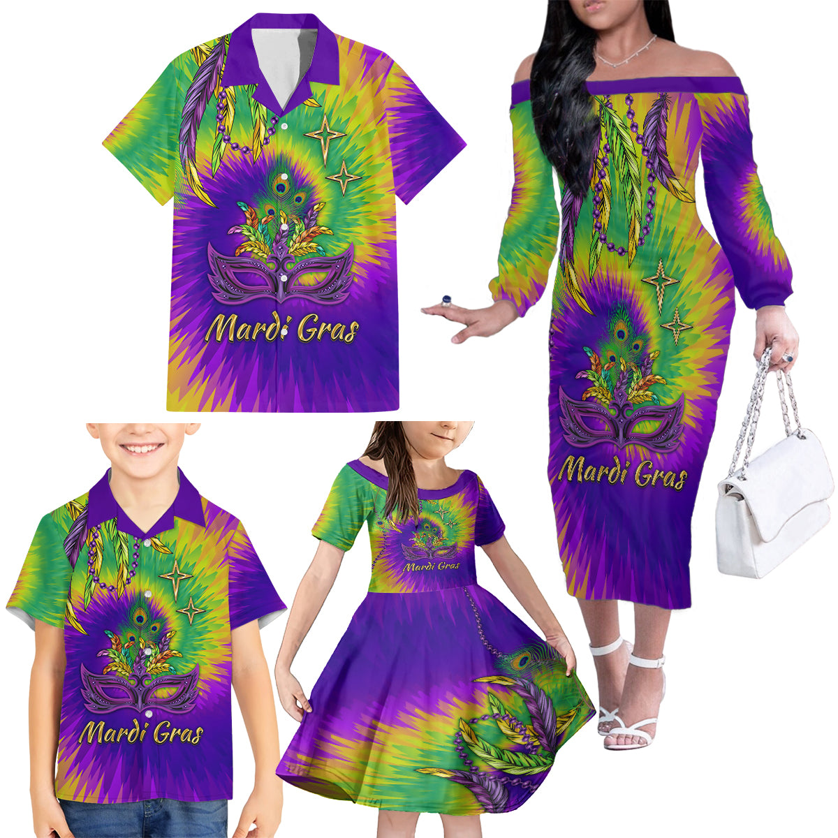 Mardi Gras Family Matching Off Shoulder Long Sleeve Dress and Hawaiian Shirt Tie-dye Style - Queen - Wonder Print Shop
