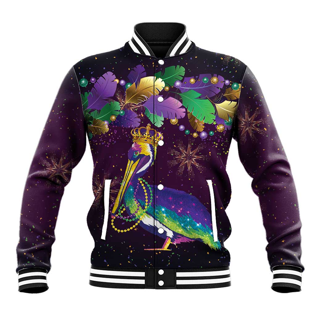 Faux Glitter Funny Mardi Gras Pelican Baseball Jacket Party Vibes - Wonder Print Shop