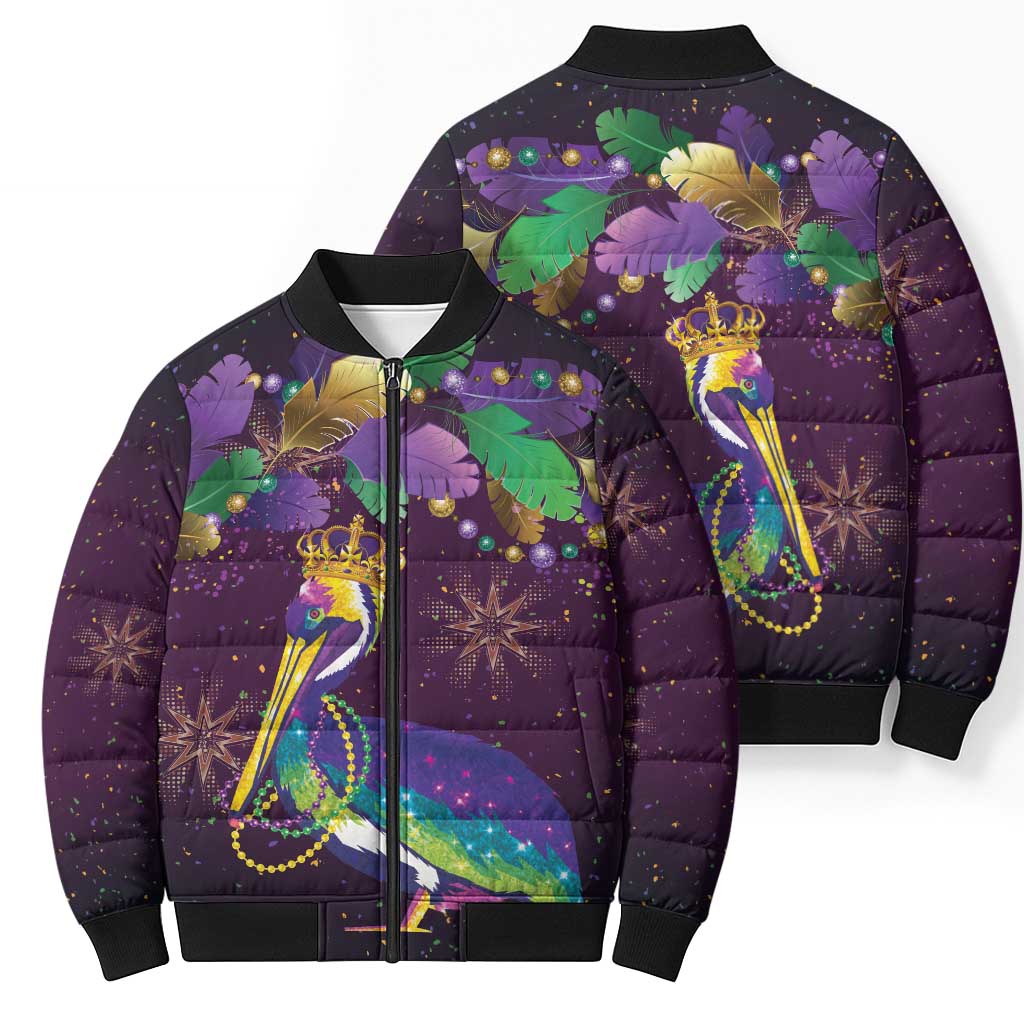 Faux Glitter Funny Mardi Gras Pelican Bomber Puffer Jacket Party Vibes - Wonder Print Shop
