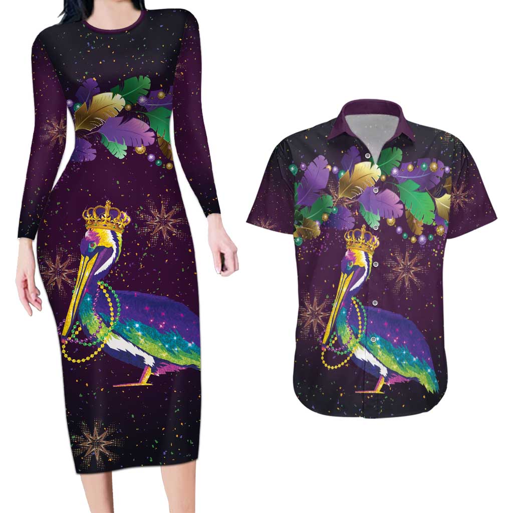 Faux Glitter Funny Mardi Gras Pelican Couples Matching Long Sleeve Bodycon Dress and Hawaiian Shirt Party Vibes - Wonder Print Shop